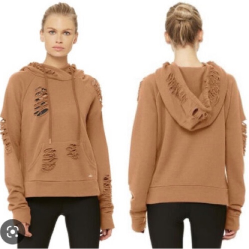 Alo Yoga Distressed Hoodie Sweatshirt in Dusty Pink